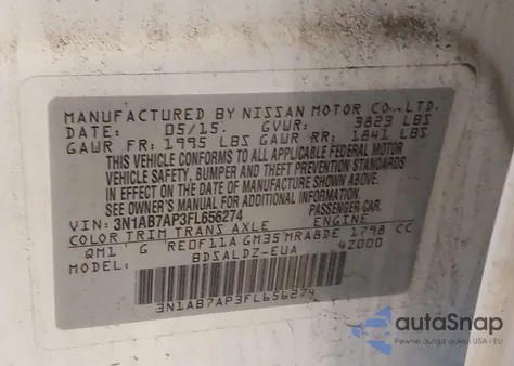 2015 Nissan Sentra Fe+ S/S/Sl/Sr/Sv z USA, uszkodzony, nr VIN 3N1AB7AP3FL656274